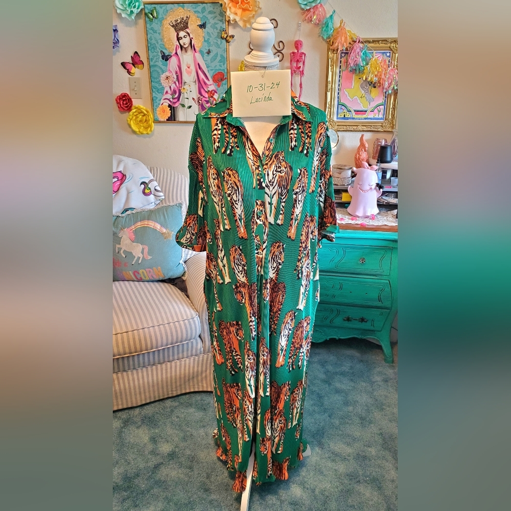 Dressed in LALA Green Maxi Dress with Tiger Print